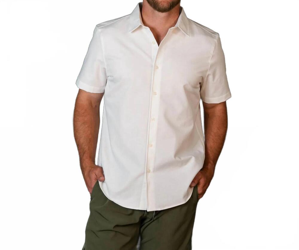NEW RHONE men's brezza linen blend short sleeve shirt in white onyx